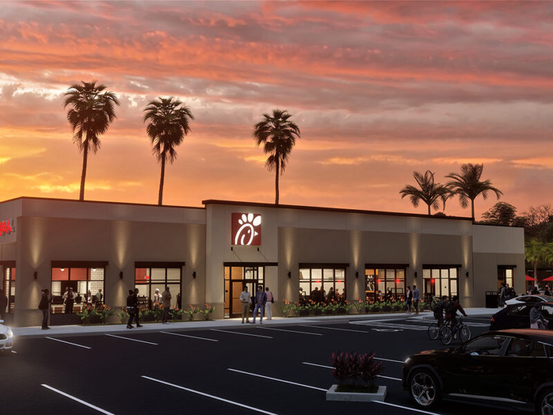 Chick-fil-A® franchise located in the Pu‘unene Shopping Center on Maui at sunset.